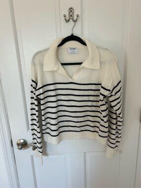 Old Navy Cream V-Neck Collared Sweater with Black Stripes